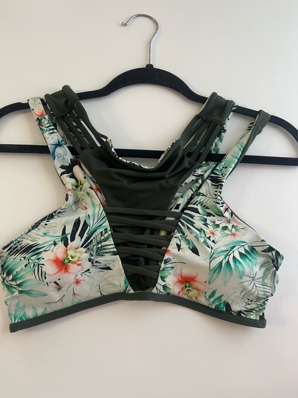 Tropical Strappy Bikini Top in Olive & Floral
